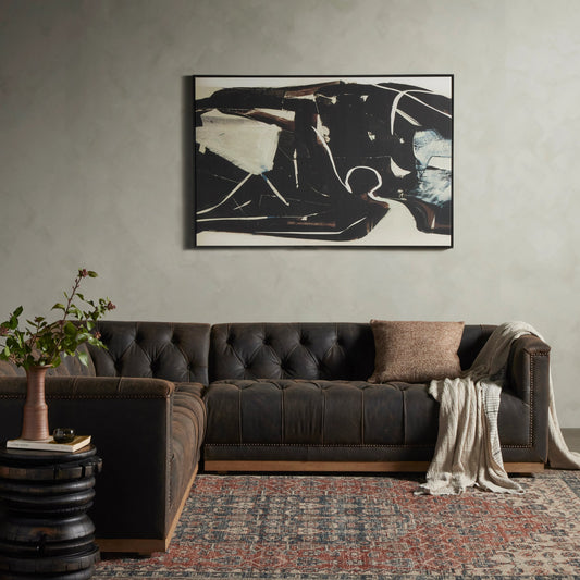 Maxx 3-Piece Sectional by Four Hands in destroyed black, aged bronze nailhead, whitewash. Made from top grain leather, solid parawood, iron in a modern style.