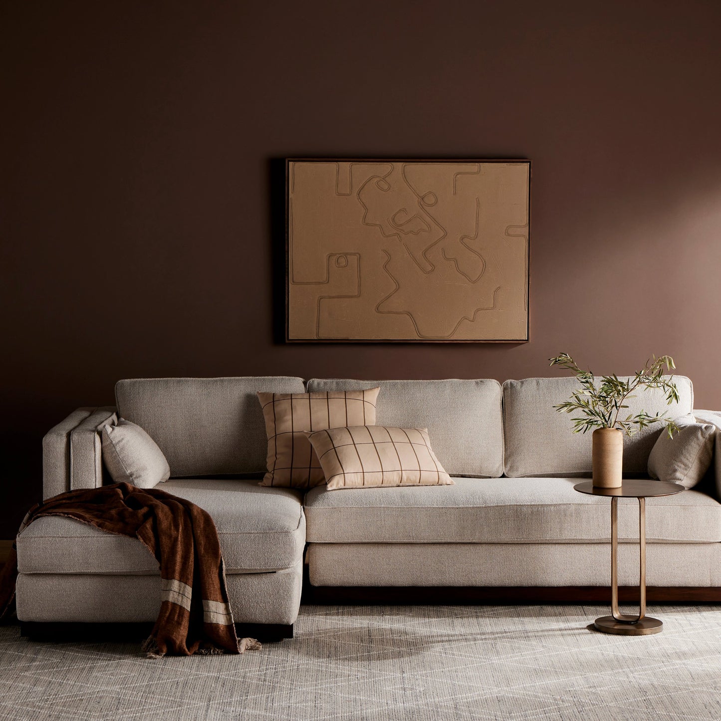 042 SI-1902959 | Lifestyle | Lawrence 2-Piece Sectional with Chaise by Four Hands in nova taupe. Made from 100% polyester, solid rosa morada, solid pine in a modern style.
