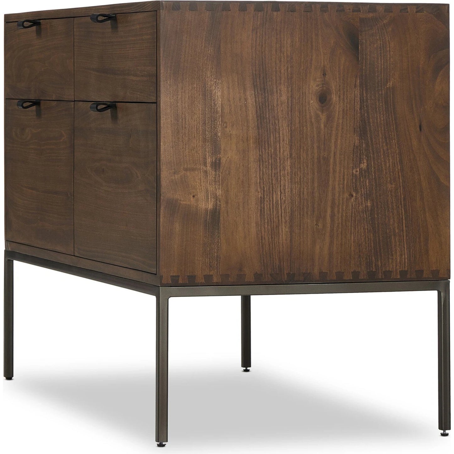 028 SI-2137671 | Closeup | Trey Modular Wide Filing Cabinet by Four Hands. Made from solid poplar, top grain leather, iron in a modern style.