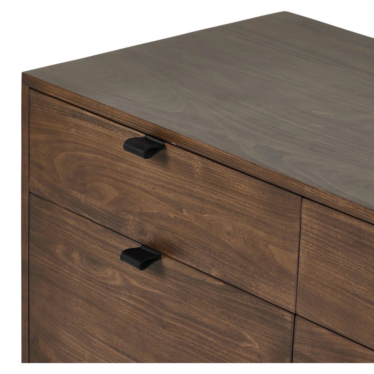 030 SI-2137671 | Closeup | Trey Modular Wide Filing Cabinet by Four Hands. Made from solid poplar, top grain leather, iron in a modern style.