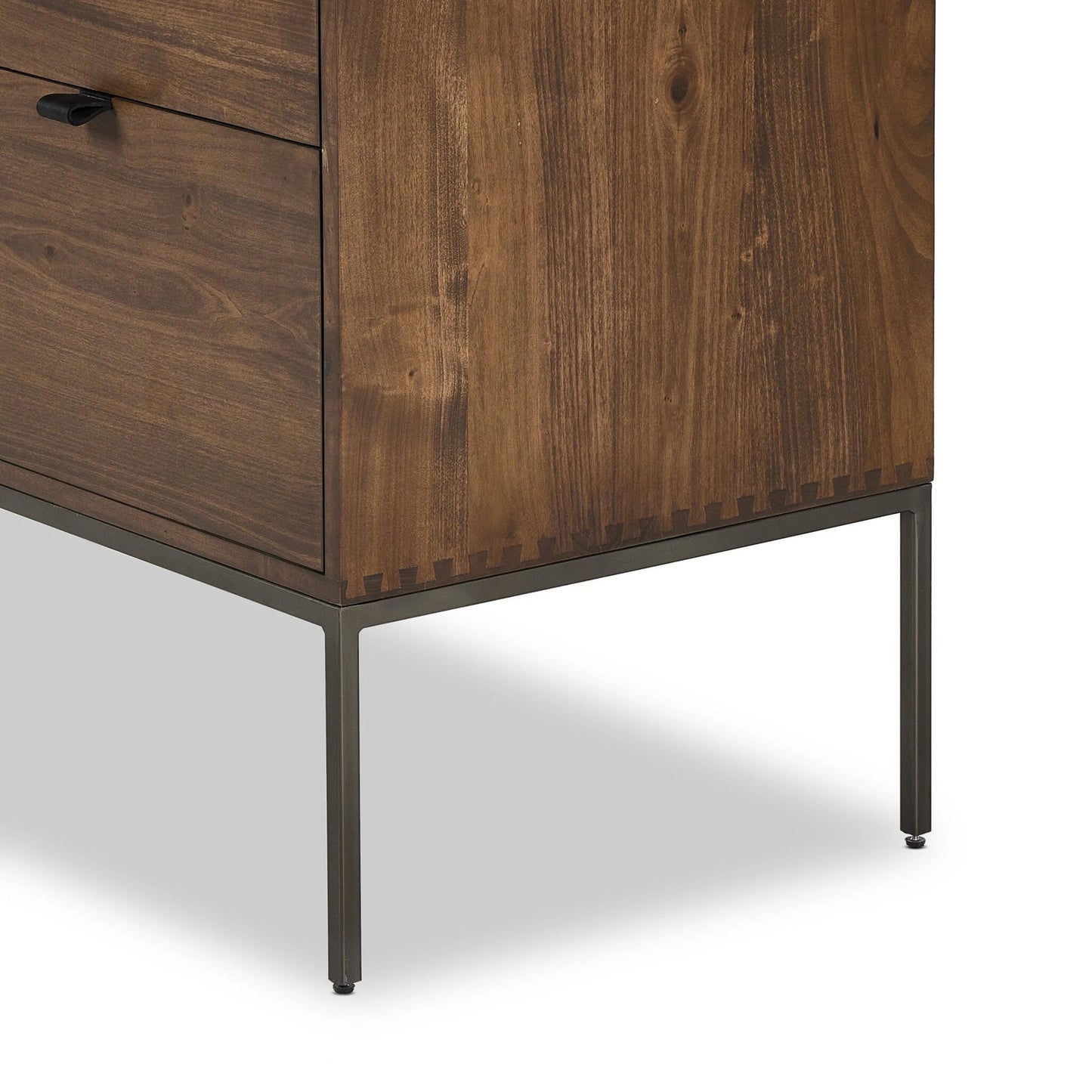 031 SI-2137671 | Closeup | Trey Modular Wide Filing Cabinet by Four Hands. Made from solid poplar, top grain leather, iron in a modern style.
