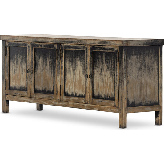 Hitchens Media Console by Four Hands in worn black, distressed copper. Made from solid pine, copper cladding in a rustic style.