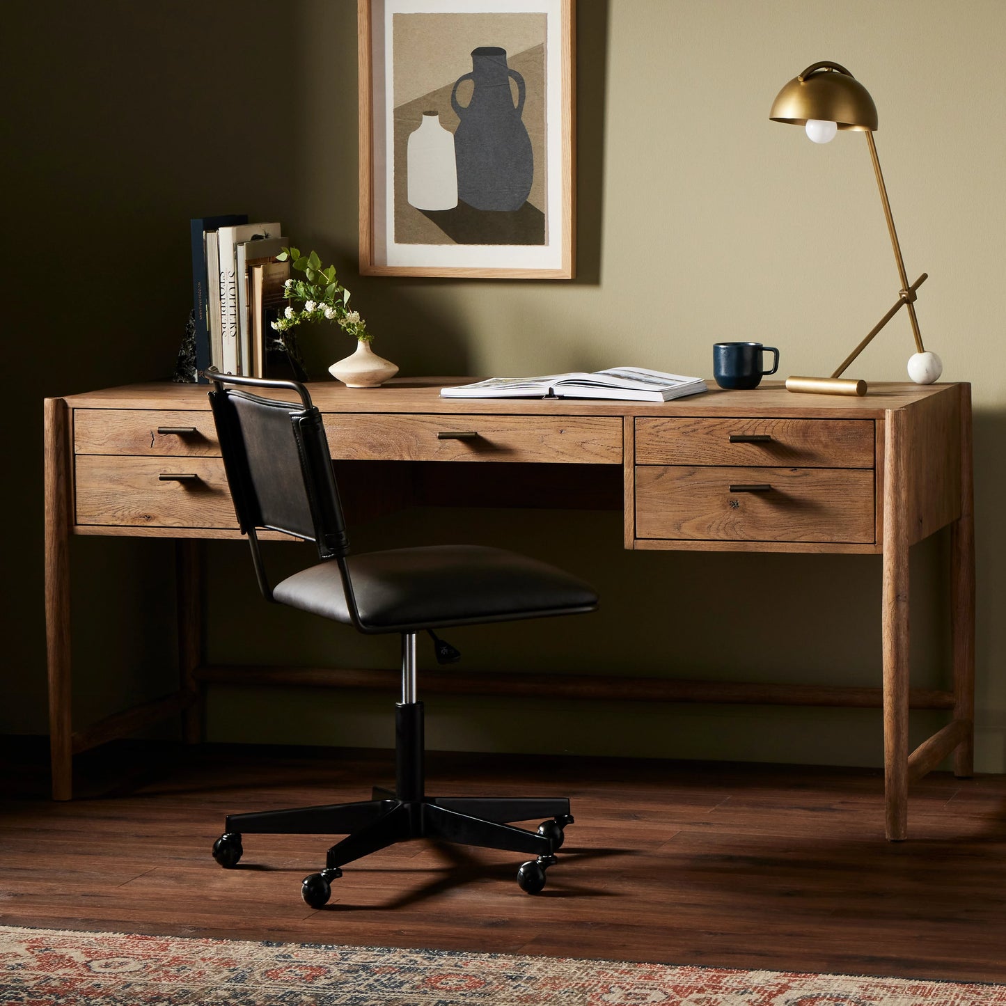 015 SI-2001378 | Lifestyle | Glenview Desk by Four Hands in weathered oak. Made from solid oak, thick oak veneer in a modern style.