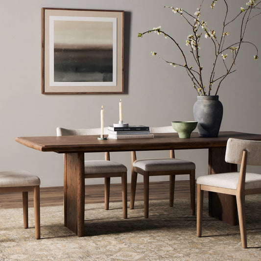 Glenview Dining Table by Four Hands in weathered oak. Made from thick oak veneer, engineered hardwood in a modern style.