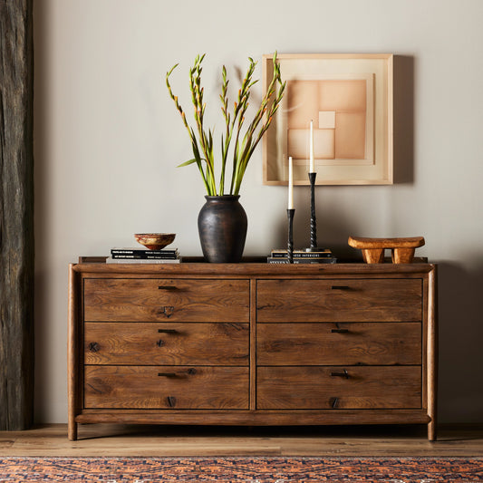 Glenview 6 Drawer Dresser by Four Hands in weathered oak. Made from thick oak veneer, solid oak in a modern style.