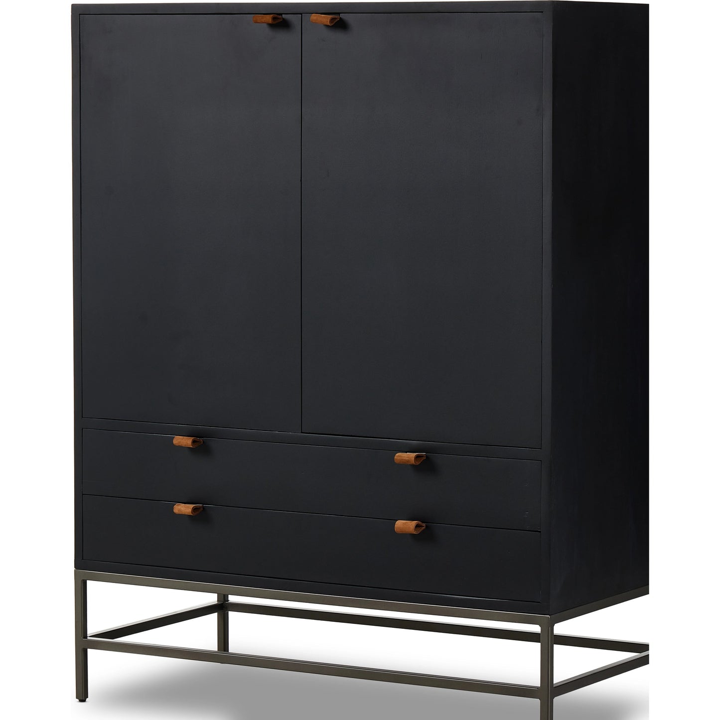 007 SI-2074815 | Additional Silo | Trey Bar Cabinet by Four Hands in black wash poplar, toffee leather. Made from solid poplar, top grain leather in a modern style.