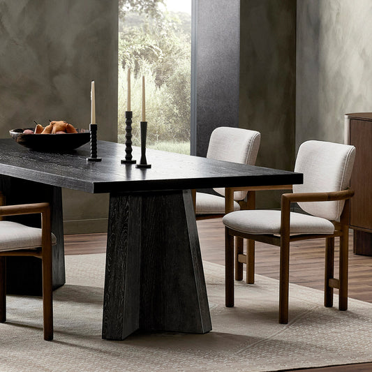 Shavano Dining Table by Four Hands in espresso oak. Made from oak veneer, solid oak, poplar eucalyptus plywood in a modern style.