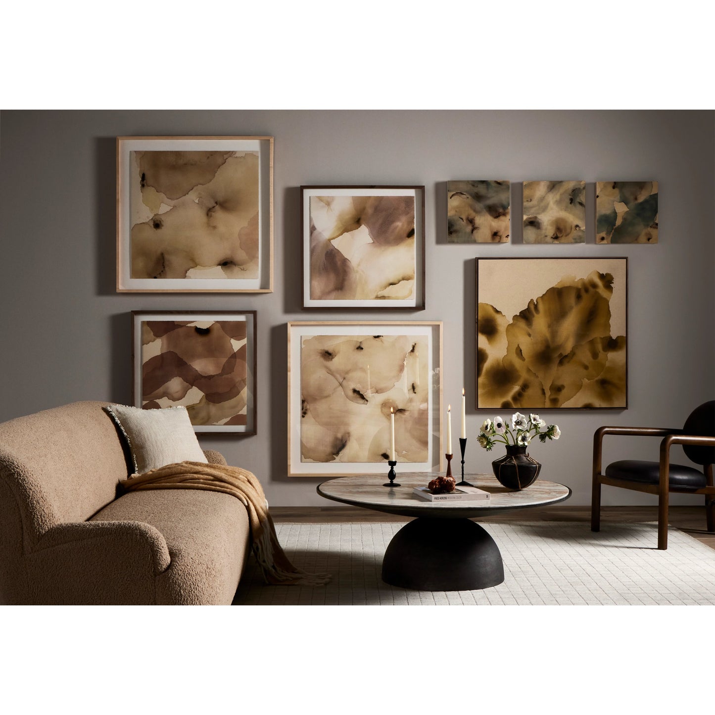 008 SI-2001136 | Lifestyle | Corbett Large Coffee Table by Four Hands in hammered grey, creamy taupe marble. Made from solid marble, aluminum, engineered hardwood in a modern style.