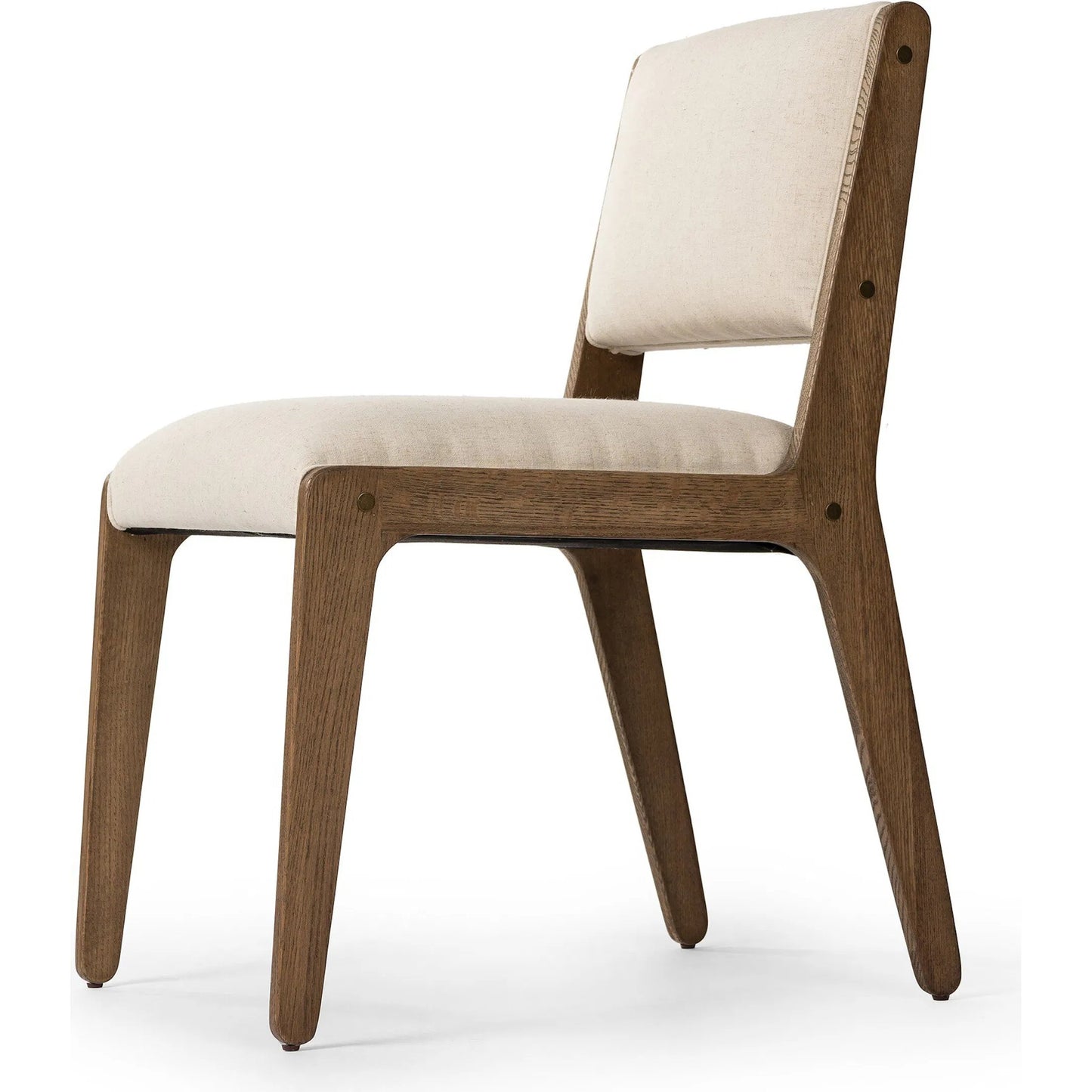 006 SI-2320196 | Closeup | Norwalk Dining Chair by Four Hands in savile flax, lamont oak, antique brass. Made from 92% polyester, 8% flax/linen, solid oak, stainless steel in a unique style.