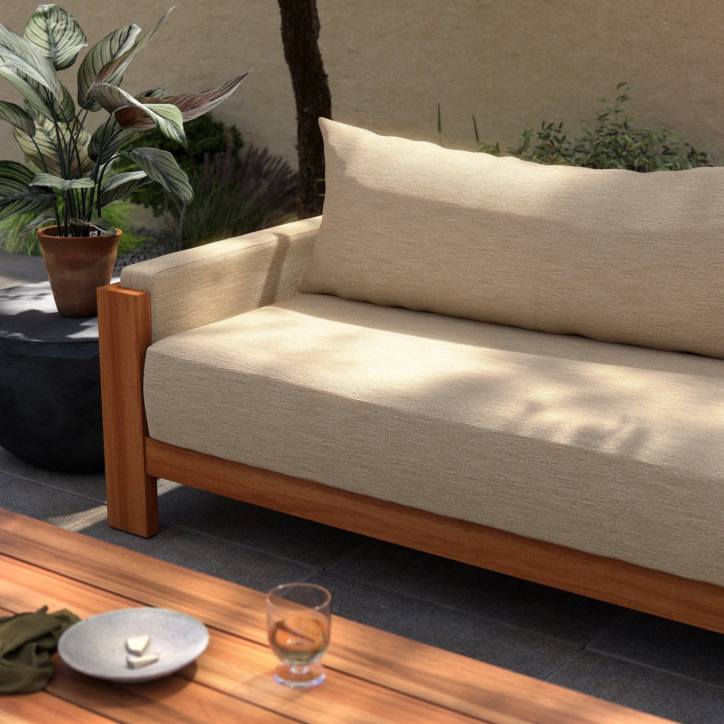 014 SI-2001096 | Lifestyle | Chapman Outdoor Sofa by Four Hands in casa cream, natural teak-fsc. Made from 100% olefin, solid fsc®-certified teak, 59% polyurethane foam, 30% polyester fiber, 11% polyester fiber batting in a modern style.