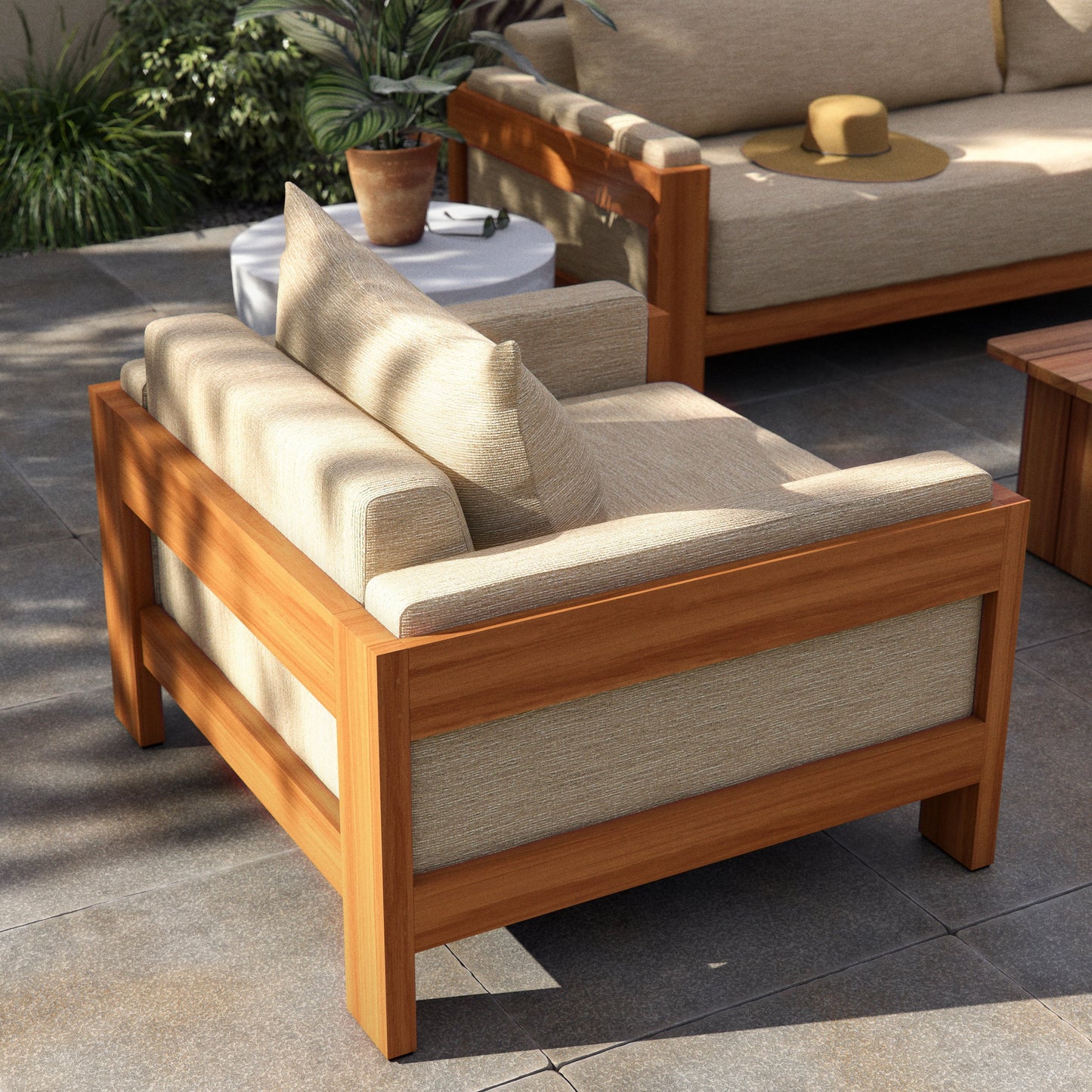 013 SI-2001091 | Lifestyle | Chapman Outdoor Chair by Four Hands in casa cream, natural teak-fsc. Made from 100% olefin, solid fsc®-certified teak, 59% polyurethane foam, 30% polyester fiber, 11% polyester fiber batting in a modern style.