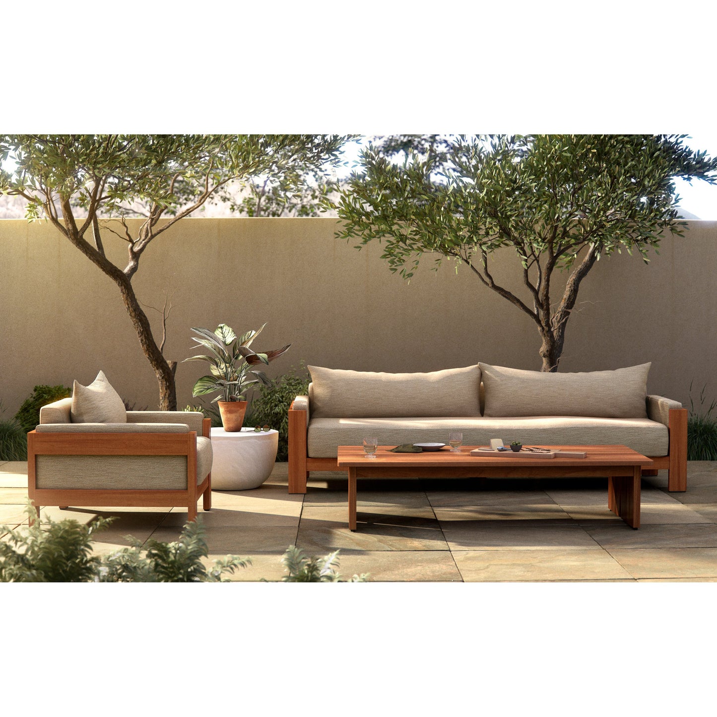 012 SI-2001091 | Lifestyle | Chapman Outdoor Chair by Four Hands in casa cream, natural teak-fsc. Made from 100% olefin, solid fsc®-certified teak, 59% polyurethane foam, 30% polyester fiber, 11% polyester fiber batting in a modern style.