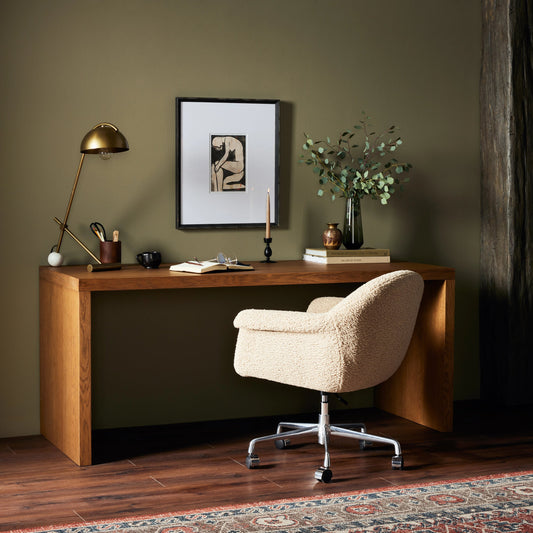 Posada Desk by Four Hands in amber oak. Made from oak veneer, engineered hardwood in a modern style.