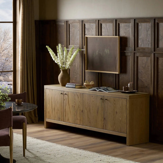 Torrington Sideboard by Four Hands in sandy oak veneer, sandy oak resawn. Made from oak veneer, resawn oak veneer in a modern style.