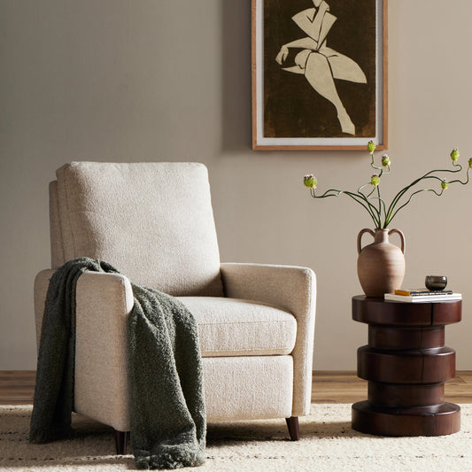 Wallen Recliner by Four Hands in nova taupe and dark auburn walnut. Made from 100% polyester, solid rosa morada, 100% polyester fiber in a modern style.