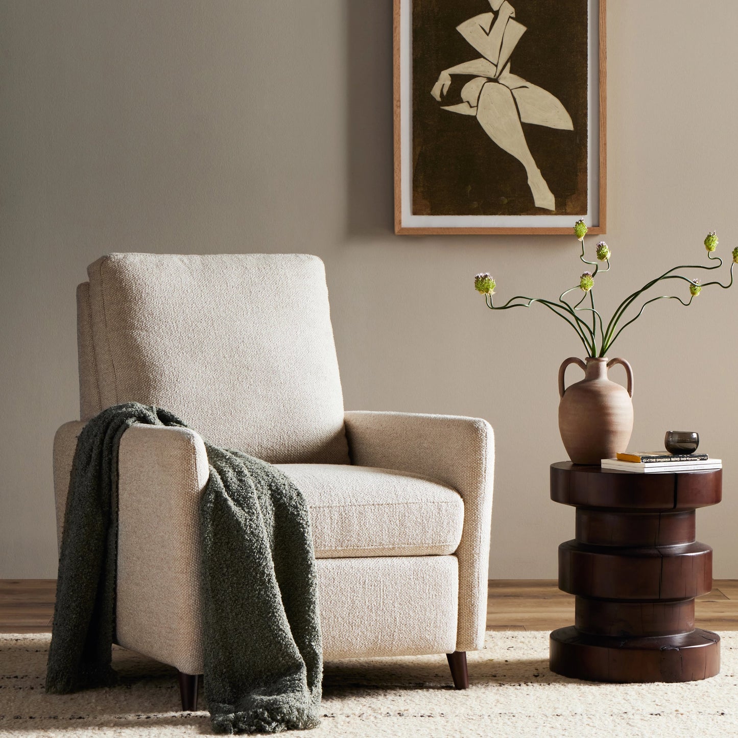 005 SI-2074840 | Lifestyle | Wallen Recliner by Four Hands in nova taupe and dark auburn walnut. Made from 100% polyester, solid rosa morada, 100% polyester fiber in a modern style.