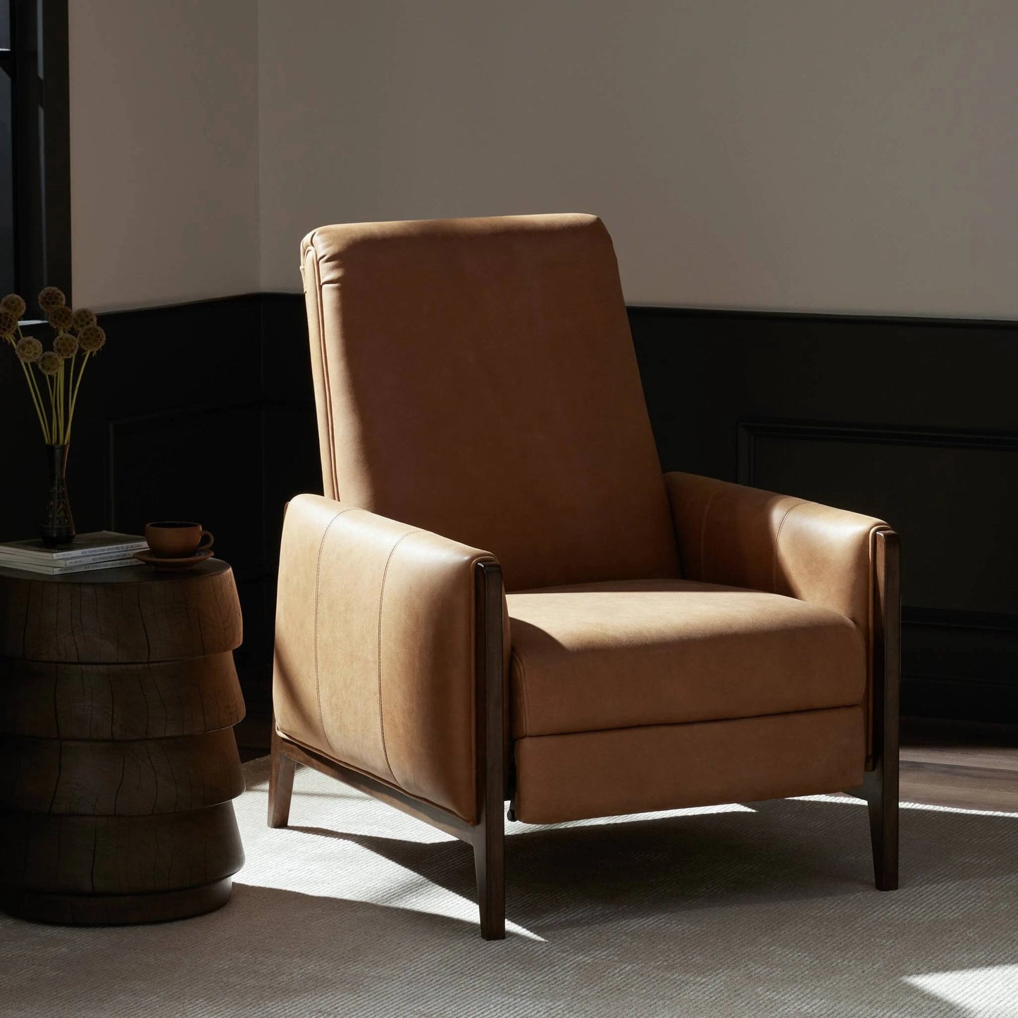 015 SI-2137576 | Lifestyle | Rudd Recliner by Four Hands in palermo cognac and almond. Made from top grain leather, solid parawood, solid poplar in a modern style.