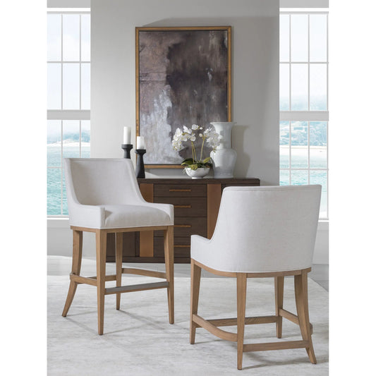 Simpatico Upholstered Bar Stool by Artistica Home in white, ivory and white oak. Made from white oak, fabric in a unique style.