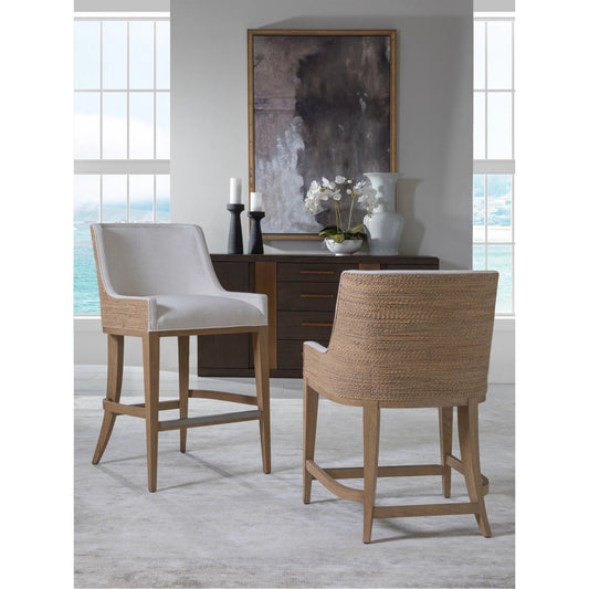 Simpatico Woven Back Counter Stool by Artistica Home in white, ivory and white oak. Made from white oak, fabric in a unique style.