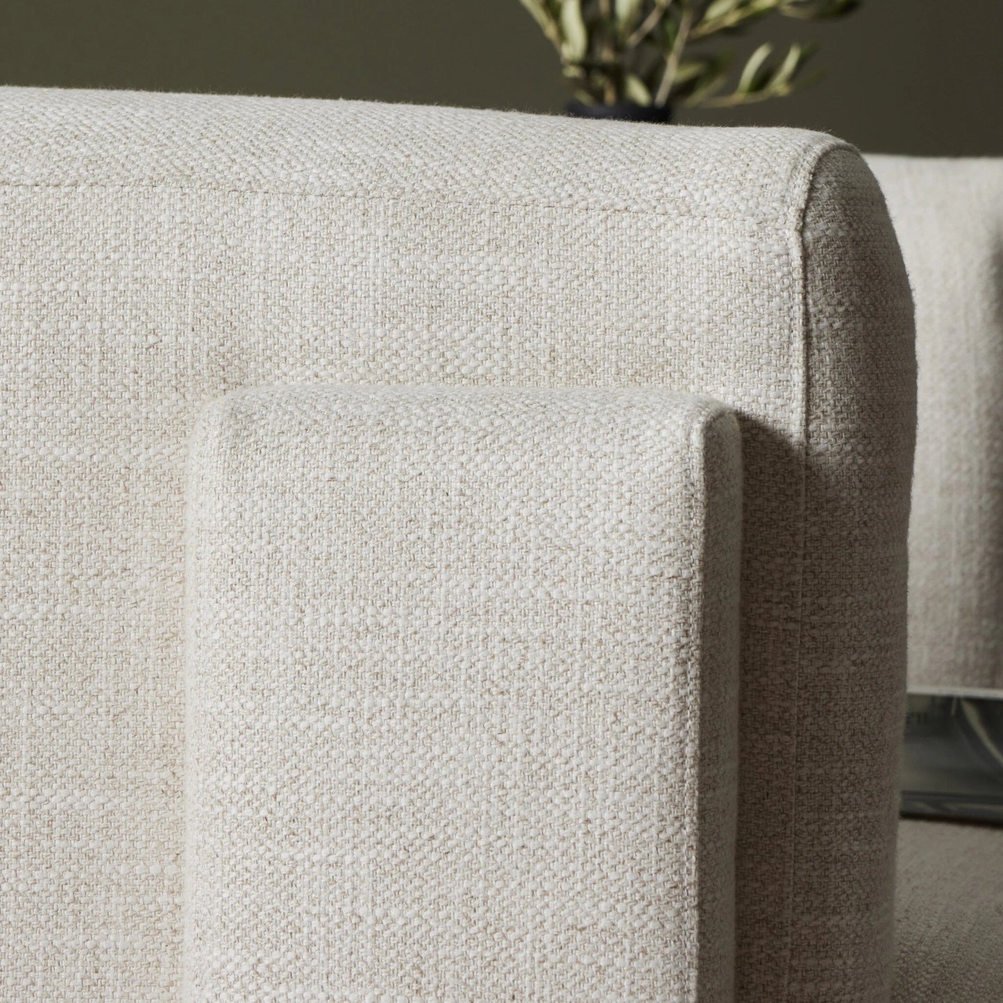 012 SI-2001447 | Closeup | Hartley Chair by Four Hands in dover crescent. Made from 71% viscose (rayon), 17% polyester, 12% flax, linen, poplar plywood, 100% polyester in a modern style.