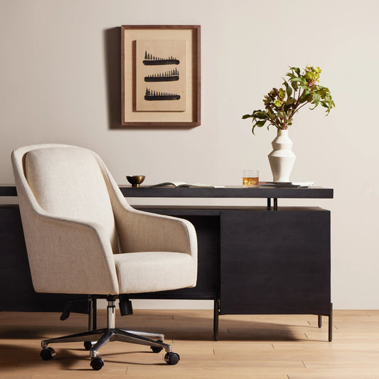 Verne Desk Chair by Four Hands in essence natural. Made from aluminum, 49% viscose (rayon), 22% flax, linen, 18% polyester, 11% cotton, 100% polyester in a modern style.