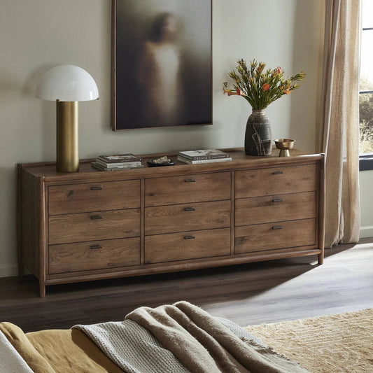 Glenview 9 Drawer Dresser by Four Hands in weathered oak. Made from thick oak veneer, solid oak in a modern style.