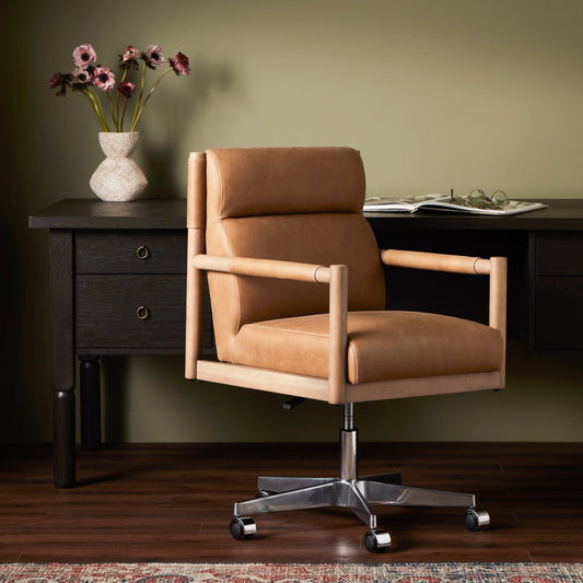 Kiano Desk Chair by Four Hands in palermo drift. Made from top grain leather, solid parawood, aluminum in a modern style.