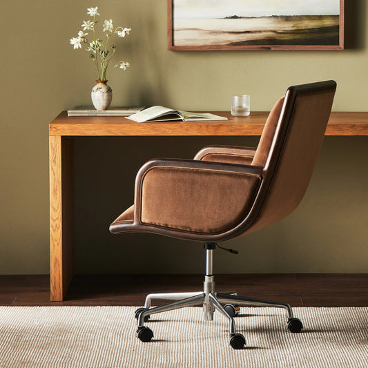 Samford Desk Chair by Four Hands in sapphire coco and coco nettlewood, polished aluminum. Made from solid nettlewood, 92% polyester, 5% cotton, 3% latex, aluminum in a modern style.