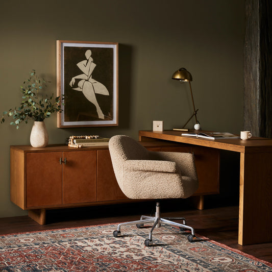 Posada L-Shaped Desk by Four Hands in amber oak veneer, palermo cognac. Made from oak veneer, top grain leather, solid oak in a modern style.