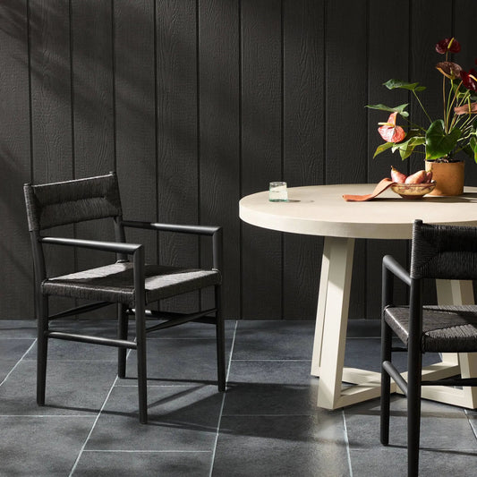 Lomas Outdoor Dining Armchair by Four Hands. Made from solid teak, 100% polyethylene in a modern style.