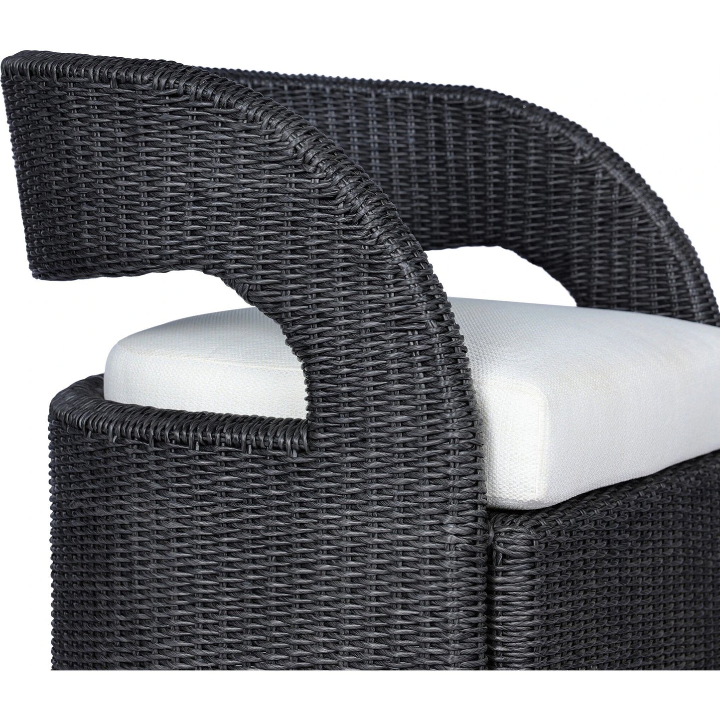 023 SI-2137373 | Closeup | Hawkins Outdoor Swivel Chair by Four Hands. Made from 100% olefin, 100% polyethylene, 91% polyurethane foam pad, 9% polyester fiber batting in a modern style.