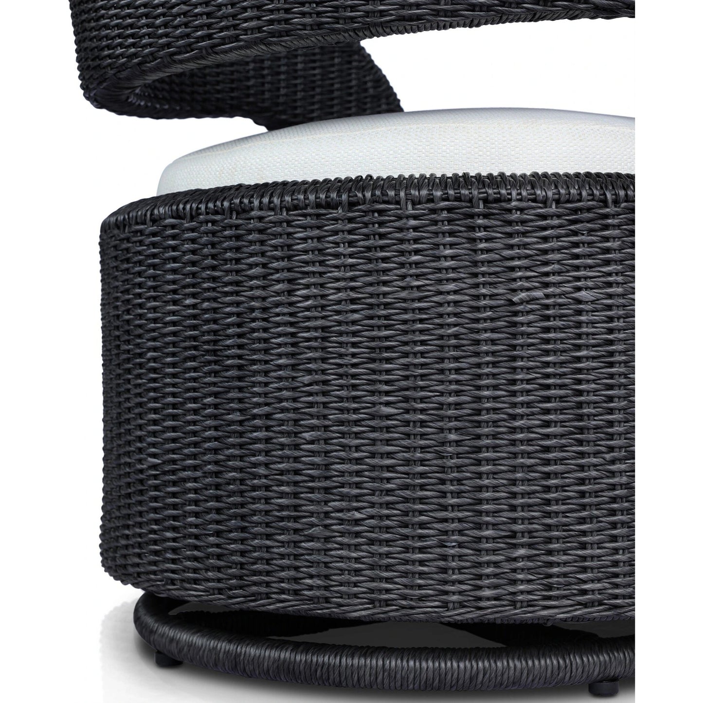 025 SI-2137373 | Closeup | Hawkins Outdoor Swivel Chair by Four Hands. Made from 100% olefin, 100% polyethylene, 91% polyurethane foam pad, 9% polyester fiber batting in a modern style.