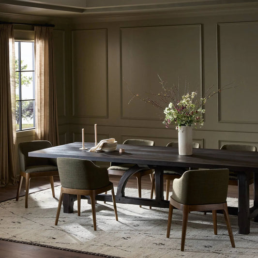 The Arch Dining Table by Four Hands in medium brown fir. Made from thick pine veneer, solid pine, engineered hardwood in a modern style.