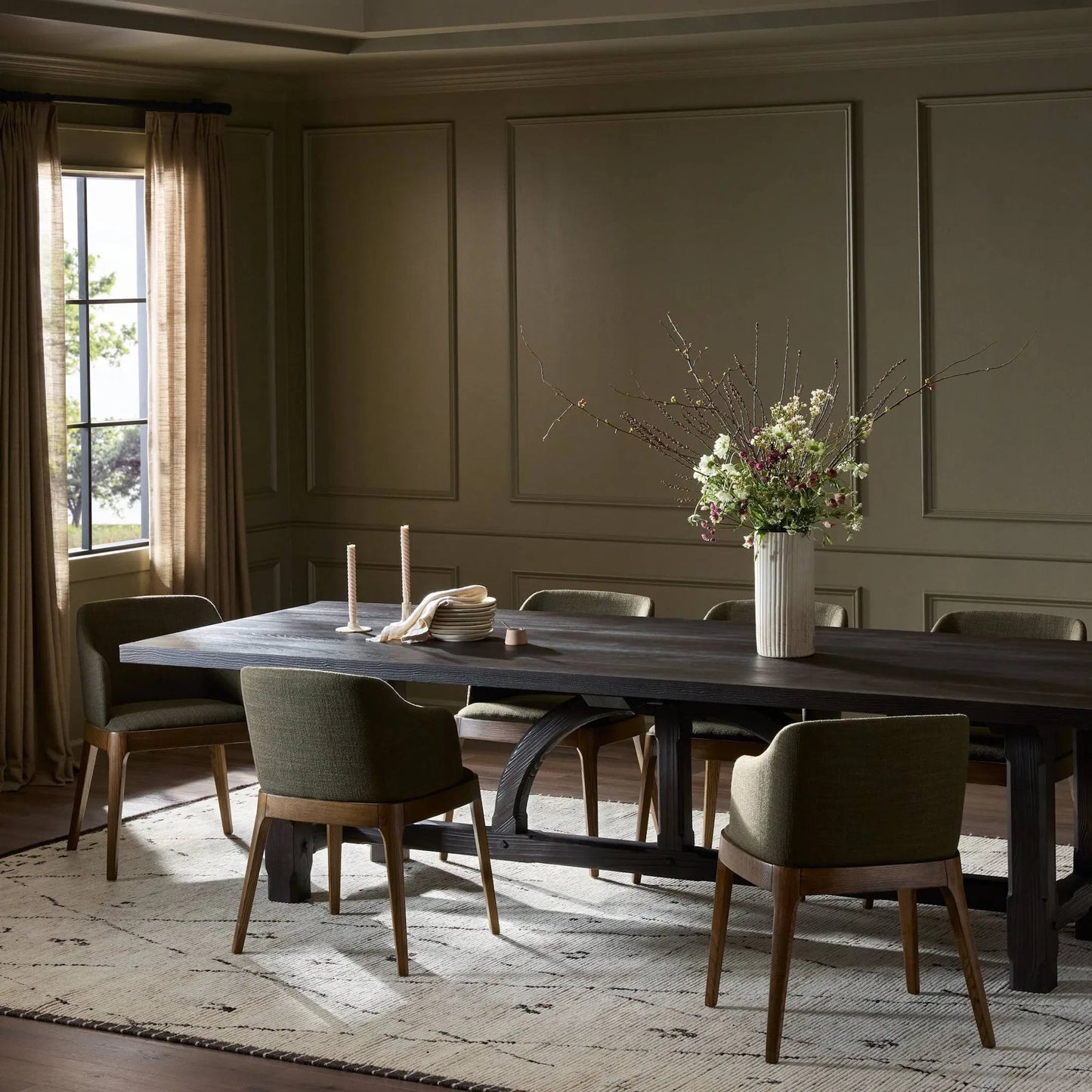 014 SI-2137638 | Lifestyle | The Arch Dining Table by Four Hands in medium brown fir. Made from thick pine veneer, solid pine, engineered hardwood in a modern style.