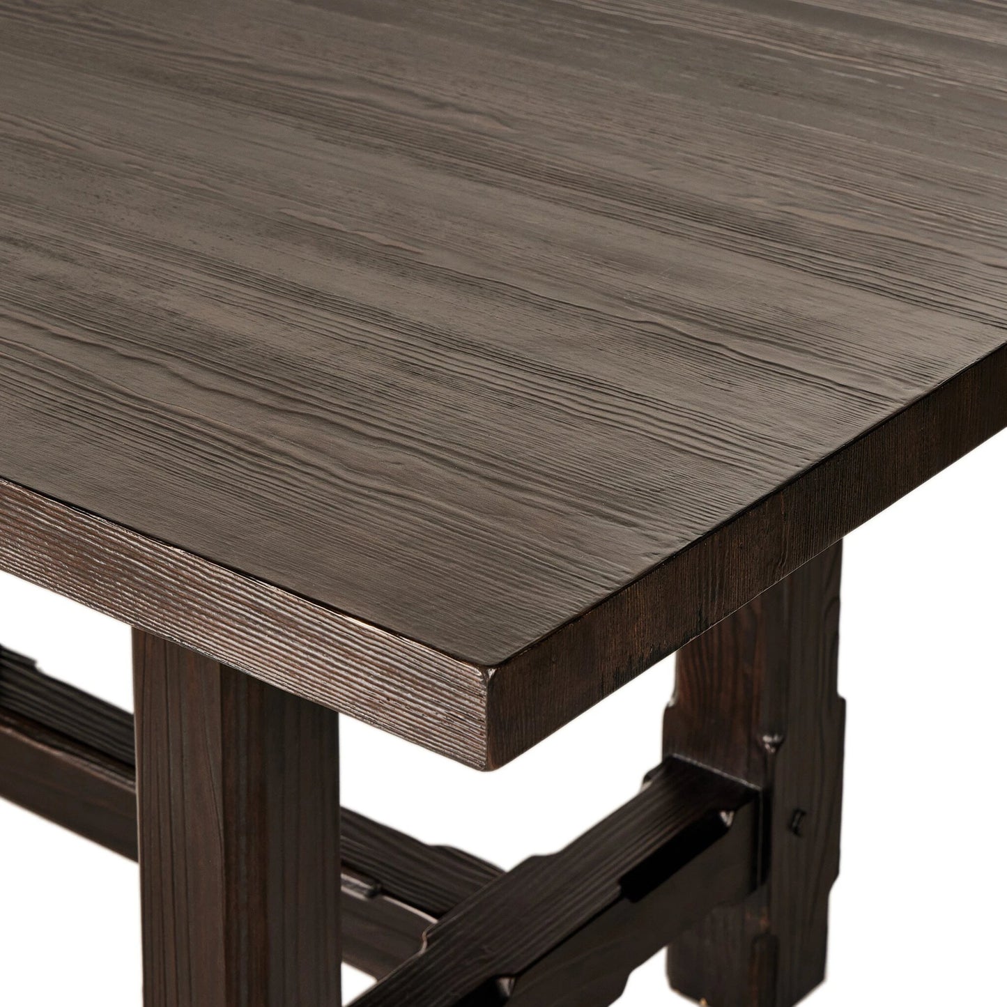 008 SI-2137638 | Closeup | The Arch Dining Table by Four Hands in medium brown fir. Made from thick pine veneer, solid pine, engineered hardwood in a modern style.