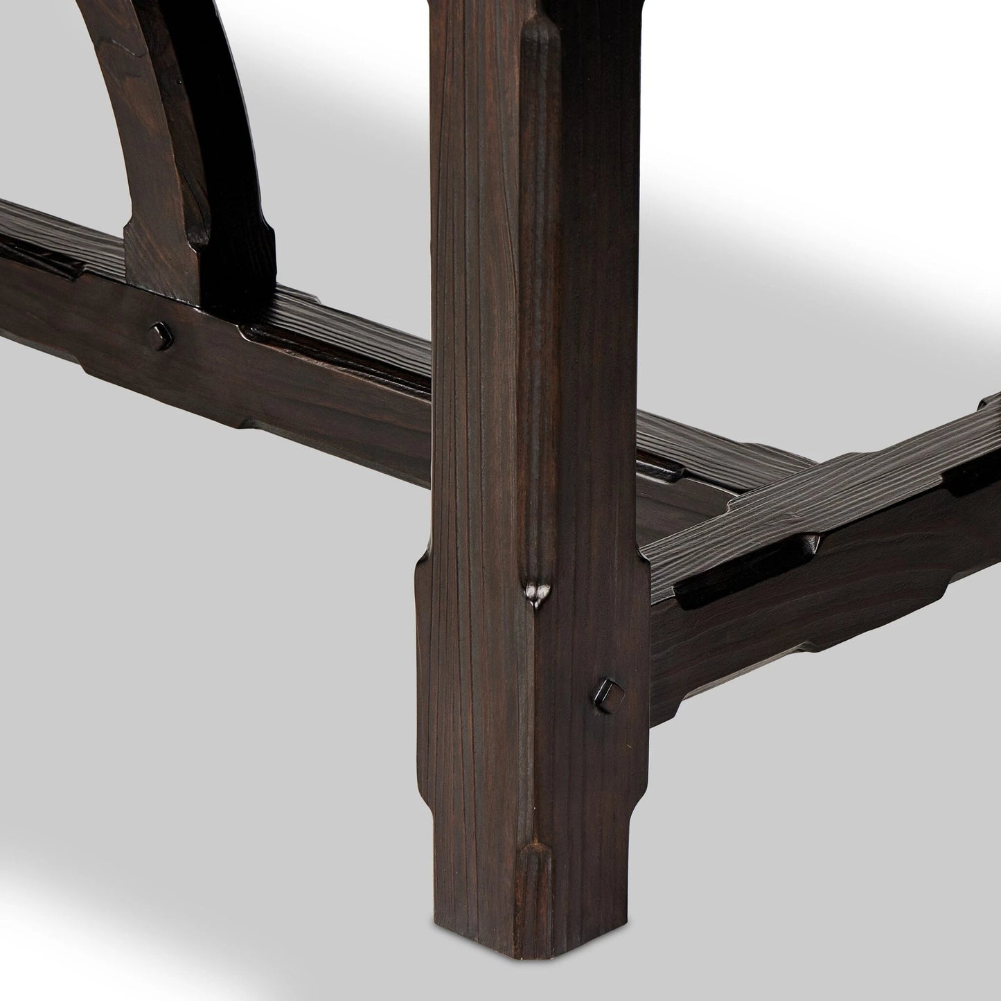 011 SI-2137638 | Closeup | The Arch Dining Table by Four Hands in medium brown fir. Made from thick pine veneer, solid pine, engineered hardwood in a modern style.