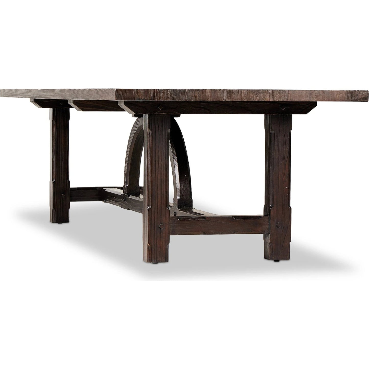 013 SI-2137638 | Closeup | The Arch Dining Table by Four Hands in medium brown fir. Made from thick pine veneer, solid pine, engineered hardwood in a modern style.