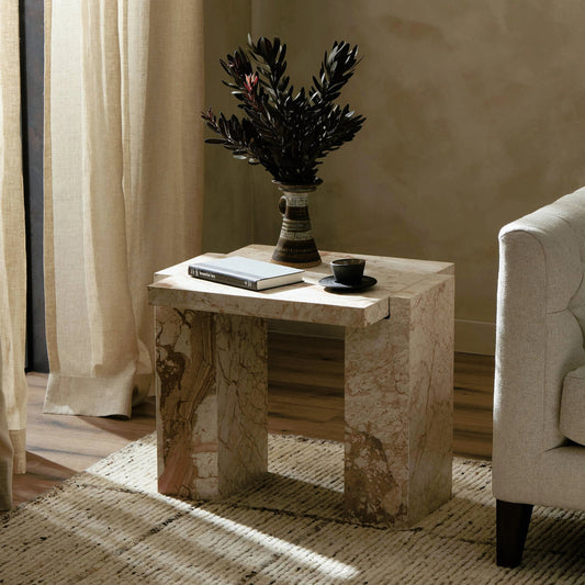 Romano End Table by Four Hands in desert taupe marble. Made from solid marble in a modern style.
