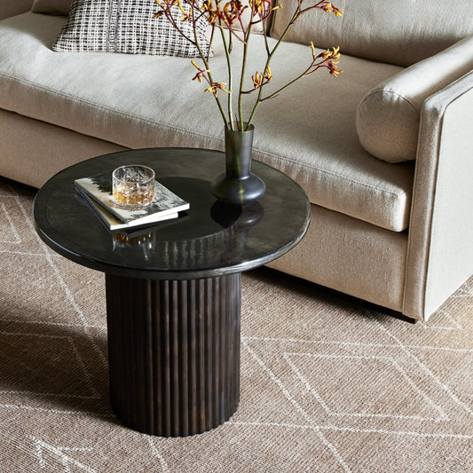Ruben End Table by Four Hands in rustic brown, smoked black cast glass. Made from cast glass, iron in a modern style.