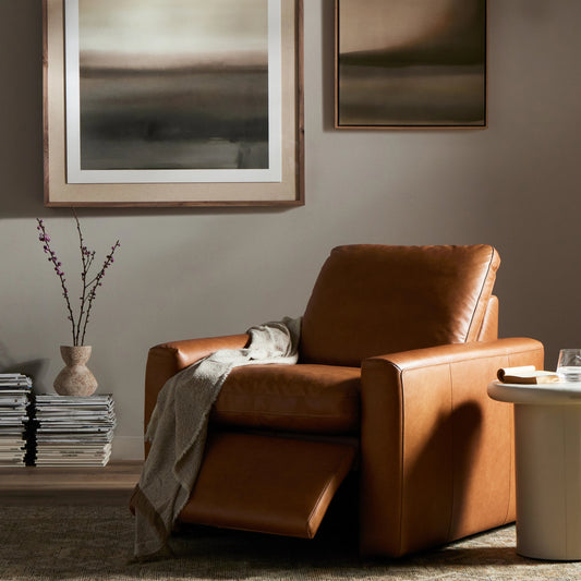 Tillery Power Recliner by Four Hands in sonoma butterscotch. Made from top grain leather, 100% polyester fiber, eucalyptus plywood in a modern style.