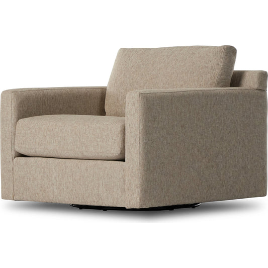 Hampton Swivel Chair by Four Hands in delta sand. Made from 97.42% olefin 2.58% polyester, pine plywood, 100% polyester in a modern style.