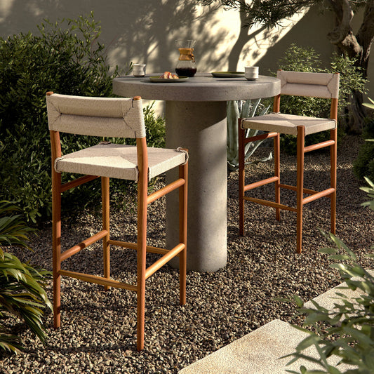 Lomas Bar Stool by Four Hands in vintage white and natural teak. Made from solid teak, 100% polyethylene in a modern style.