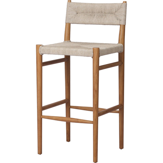 Lomas Bar Stool by Four Hands in vintage white and natural teak. Made from solid teak, 100% polyethylene in a modern style.