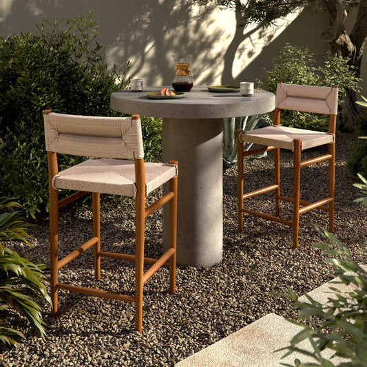 Lomas Counter Stool by Four Hands in vintage white, natural teak. Made from solid teak, 100% polyethylene in a modern style.