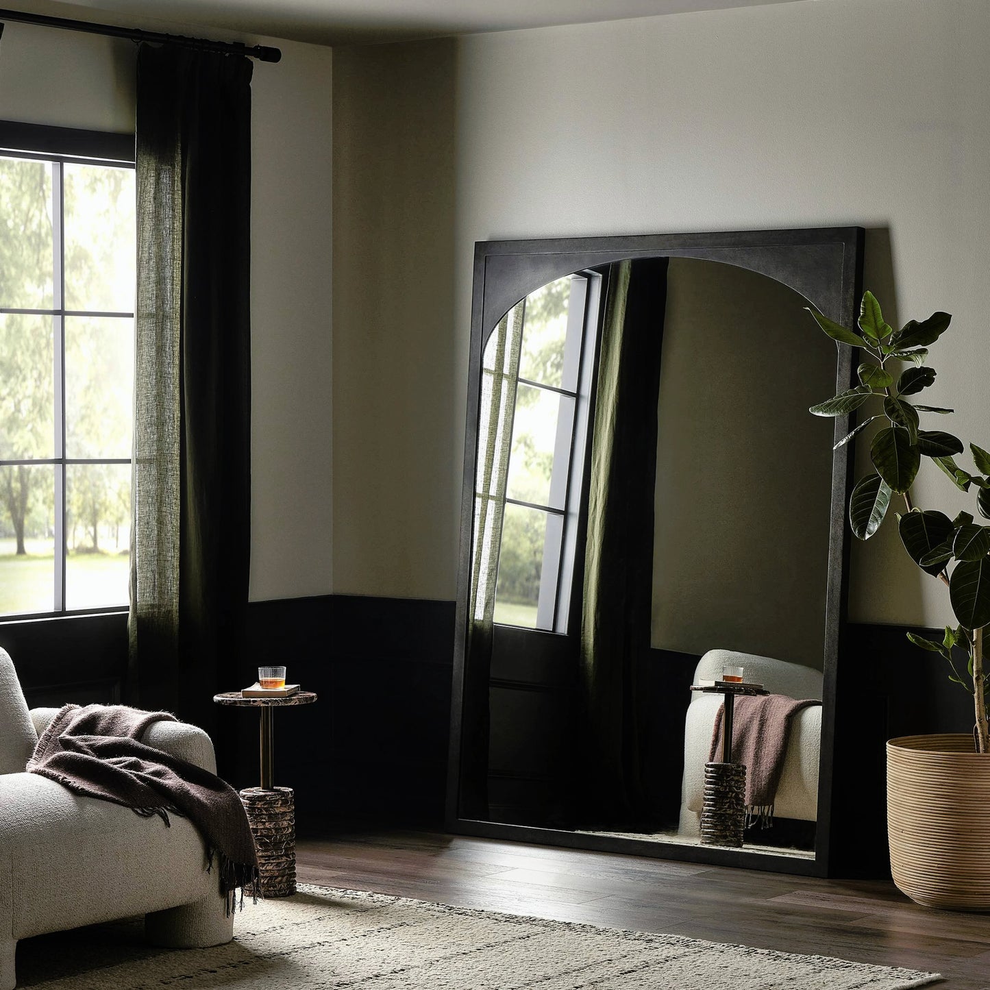 007 SI-2158561 | Lifestyle | Troyes Floor Mirror by Four Hands in burnished charcoal. Made from iron, mirror, engineered hardwood in a modern style.