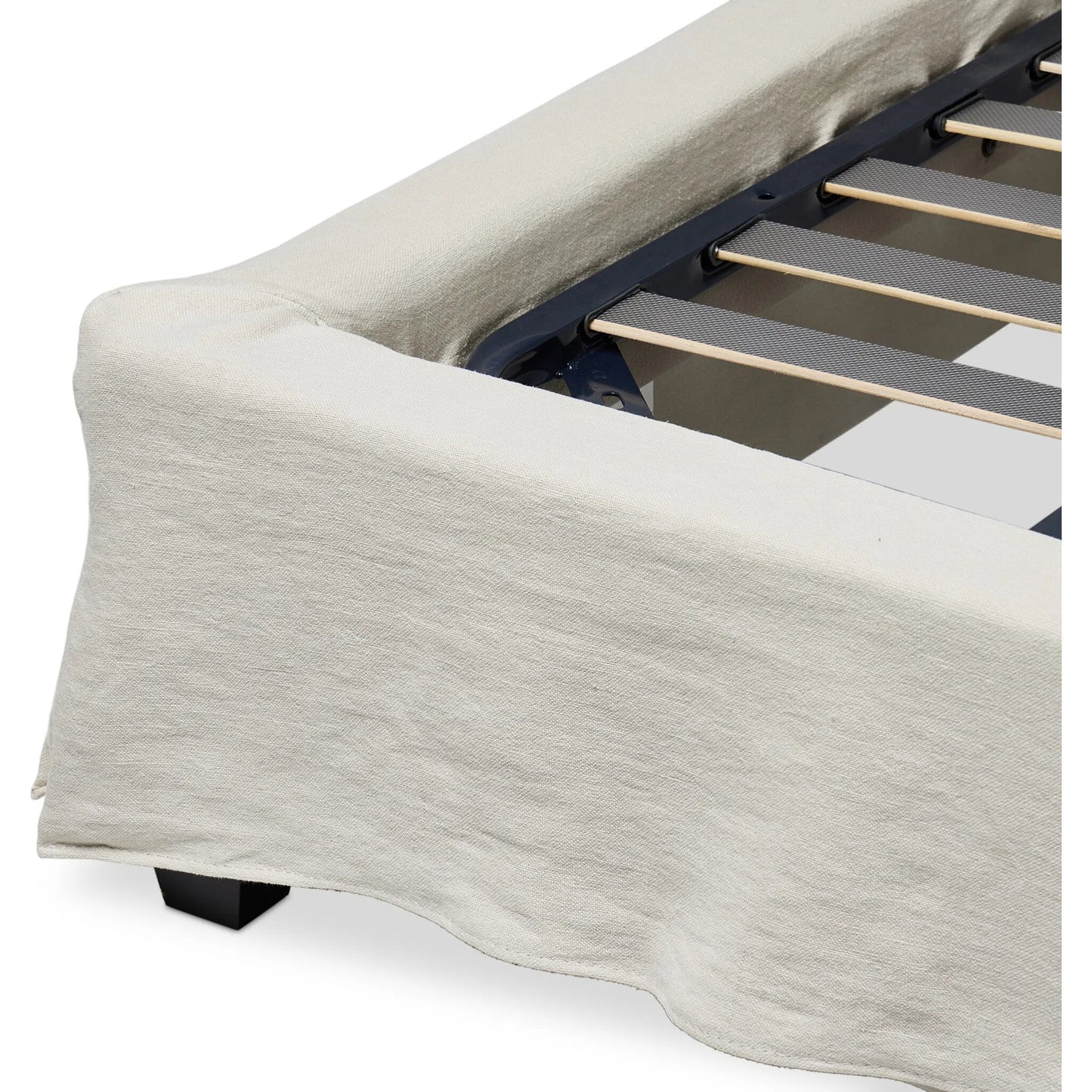009 SI-2320168,SI-2320169 | Closeup | Meryl Slipcover Bed by Four Hands in broadway mist, black parawood. Made from 100% flax/linen, solid parawood in a unique style.