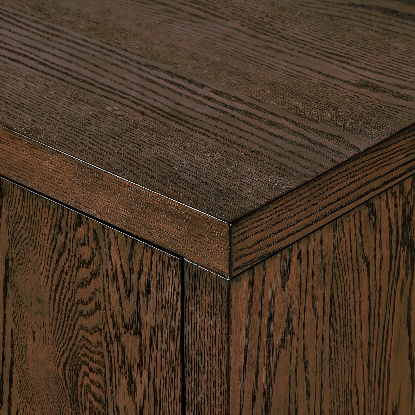 005 SI-2158555 | Closeup | Torrington Media Console by Four Hands in umber oak, umber oak veneer and umber oak. Made from resawn oak, oak veneer in a modern style.
