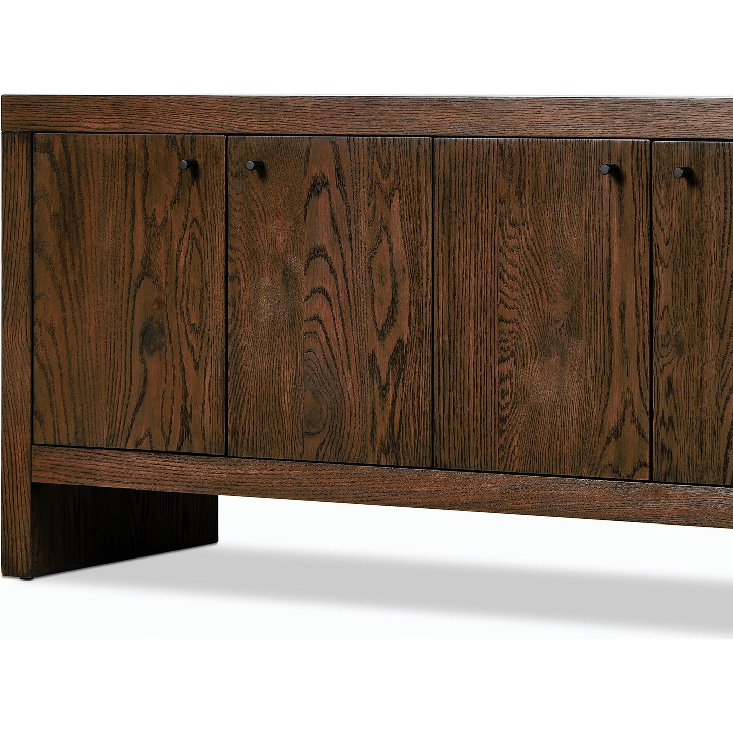 008 SI-2158555 | Closeup | Torrington Media Console by Four Hands in umber oak, umber oak veneer and umber oak. Made from resawn oak, oak veneer in a modern style.