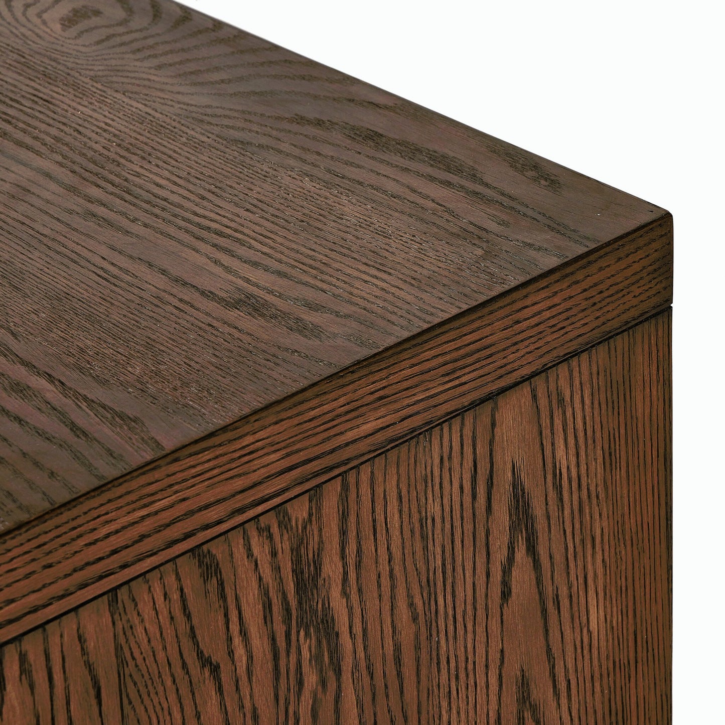 010 SI-2158555 | Closeup | Torrington Media Console by Four Hands in umber oak, umber oak veneer and umber oak. Made from resawn oak, oak veneer in a modern style.
