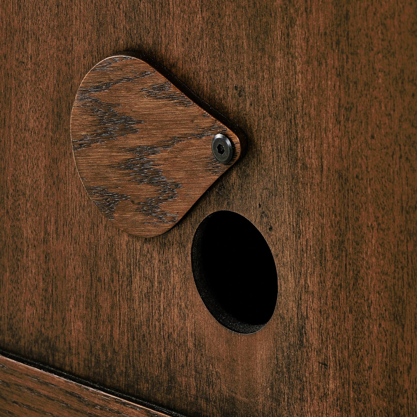 011 SI-2158555 | Closeup | Torrington Media Console by Four Hands in umber oak, umber oak veneer and umber oak. Made from resawn oak, oak veneer in a modern style.